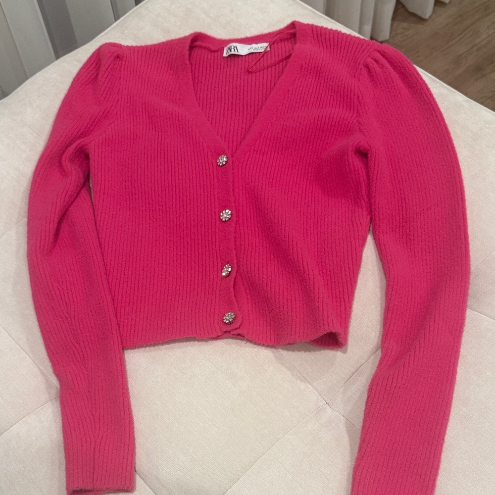 Zara Hot Pink fuzzy cozy V-Neck Cardigan with Crystal Buttons